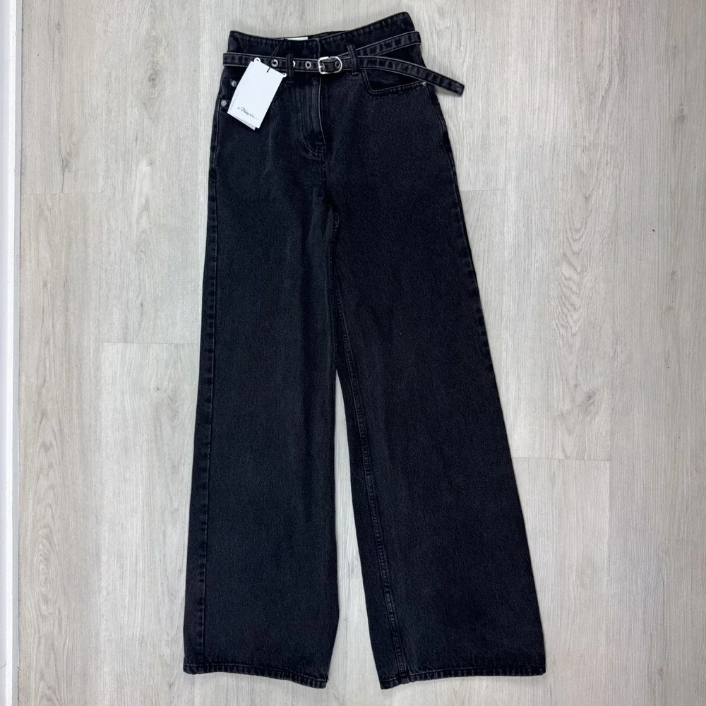 3.1 Phillip Lim High Rise Wide Leg Belted Jeans Womens 0 Washed‎ Black $475